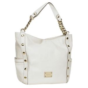 MICHAEL KORS~delancey~STUDDED WHITE PATENT LEATHER XL CARRYALL TOTE BAG